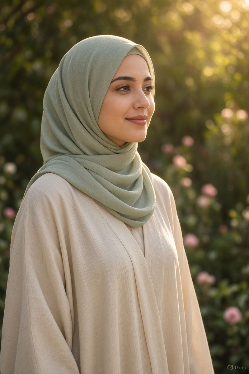 A smiling Muslim woman in a sage-green hijab in a sunlit garden